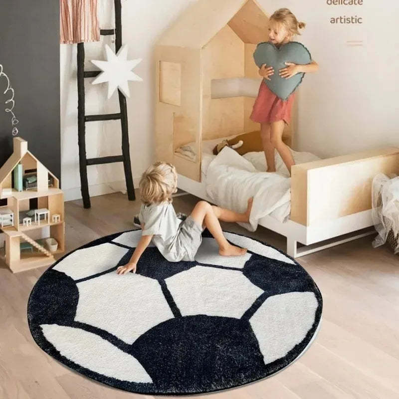Navak Carpet 100x100cm Black Soccer Soft Plush Round Rug Non Slip Nursery Rug Bedroom Playroom Rug Washable Bedroom Crawling Mat for Kids