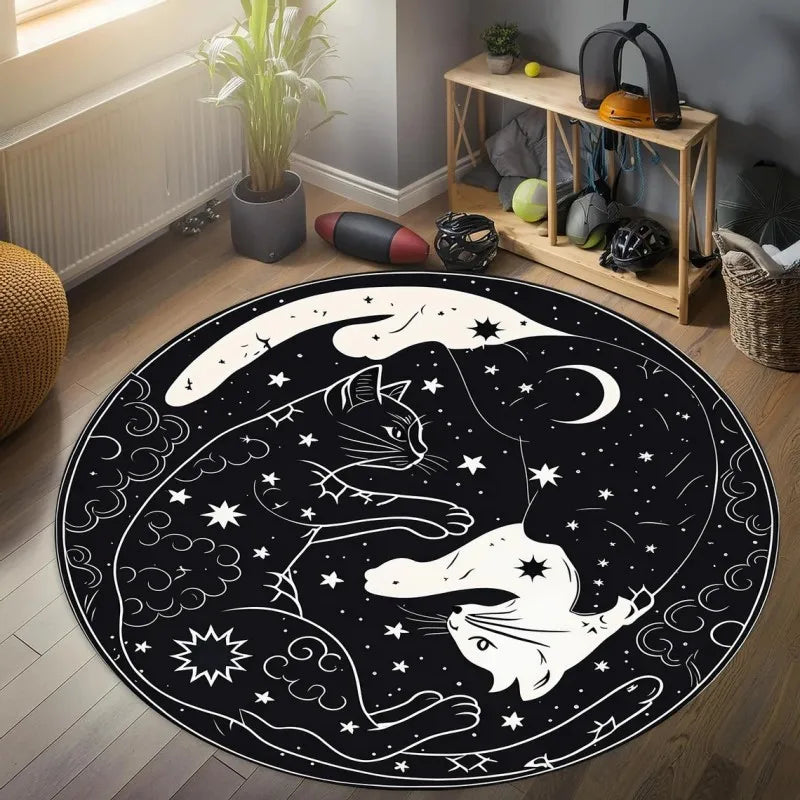 Navak Carpet Yin Yang CAT Printed Round Carpets for Home Living Room Rug Bedroom Decor Rug Non Slip Washable Flannel Floor Mat