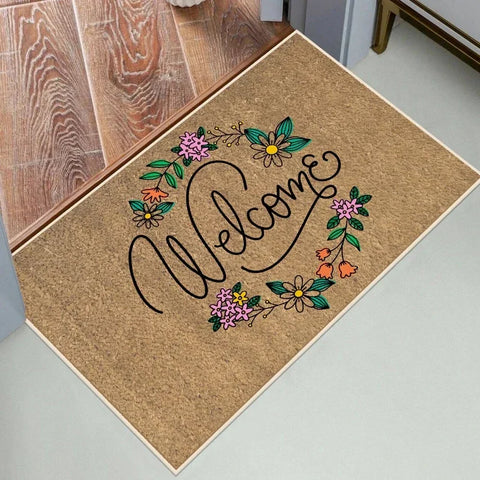 Navak Carpet 1Pc Floral Letter Print Welcome Doormat Anti-Slip Bath Rug Fade Resistant Kitchen Garden Floor Mat Washable Home Decor Carpets