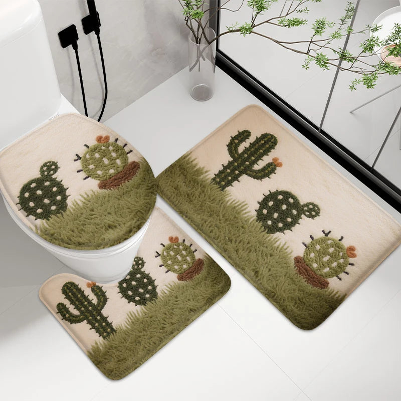 Navak Carpet 3pcs Cactus Printed Bathroom Mat 7MM Soft Floor Mat, Living Room Carpet, Balcony Non Slip Mat Machine Washable