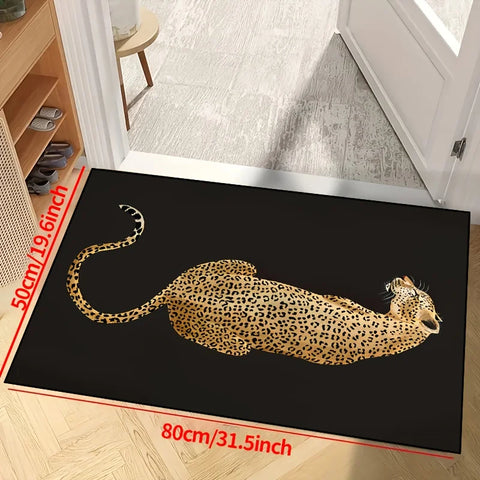 Navak Carpet 1pc Leopard Print Area Mat-Machine Washable, Decorative Carpet with Black Background and Gold Leopard Design