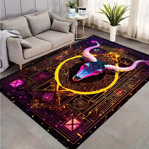 Navak Carpet Door mats with ancient symbols and neon bull design are suitable for camping, room, indoor use-machine washable non-slip carpet