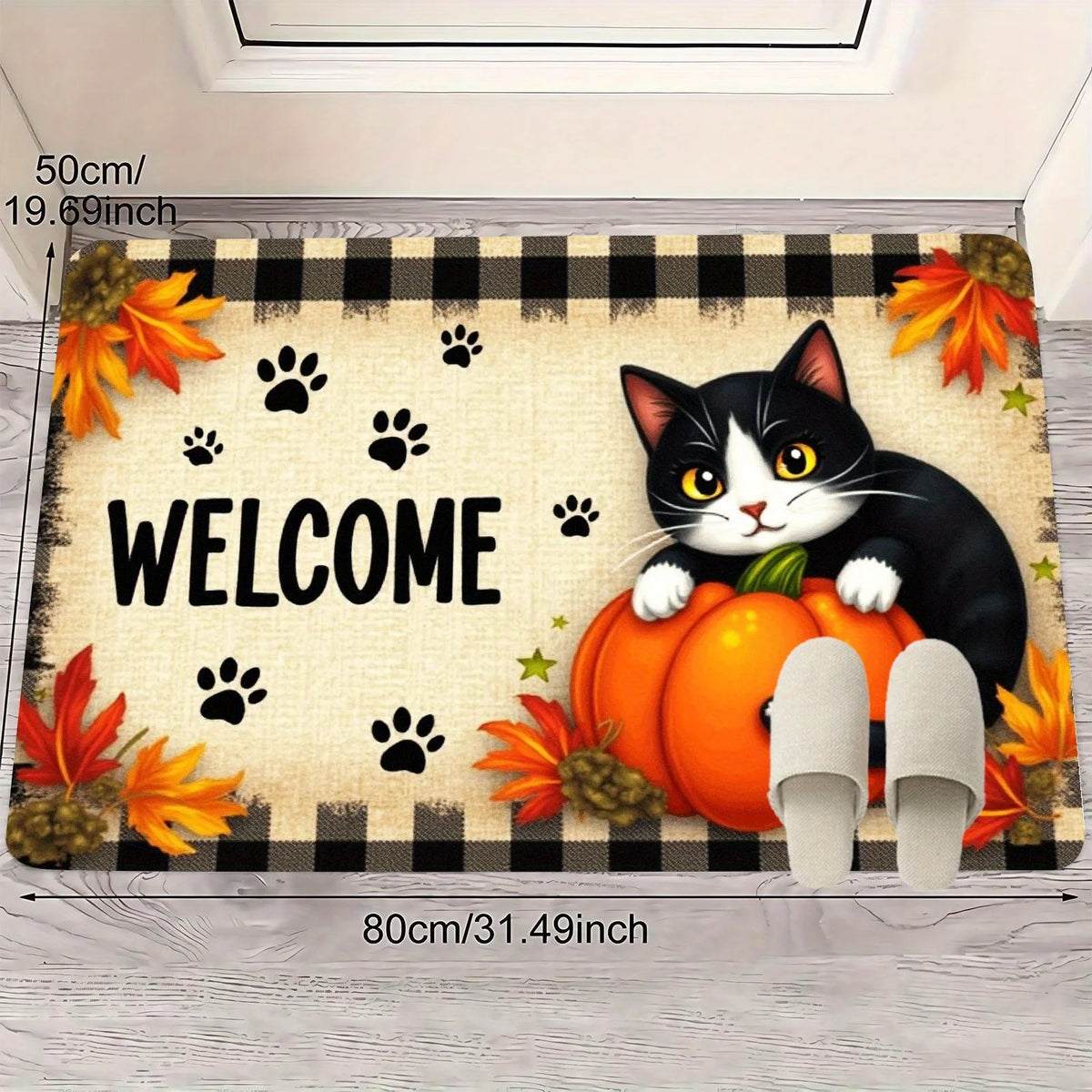 Navak Carpet Autumn Cat Paw Pumpkin Maple Leaves Welcome Doormat Fall Entrance Floor Mat Thanksgiving Decor Living Room Bedroom Non-slip Rugs
