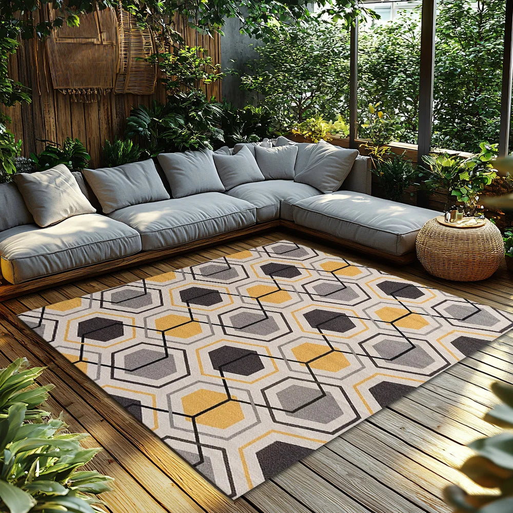 Navak Carpet Yellow Gray Geometric Bohemian Rug, Modern Pattern Non-Slip Carpet, Cozy Living Room Mat for Scandinavian Decor