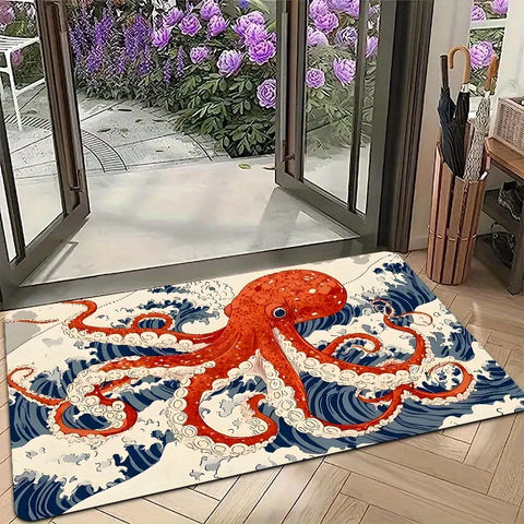 Navak Carpet Japanese Style Red Octopus Wave Pattern Door Mat - Non-Slip, for Living Room, Bathroom, Kitchen - Holiday Home Decor Gift
