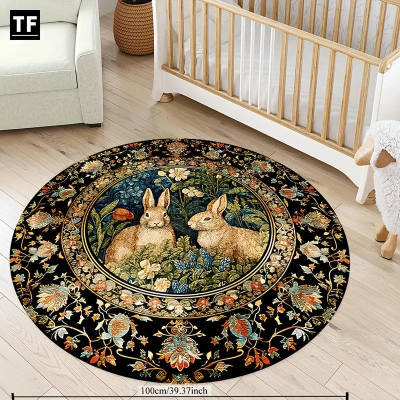 Navak Carpet Easter Retro Floral Rabbit Pattern Round Area Rug Bedroom Living Room Garden Decor Living Room Carpet Decorative Floor Mat