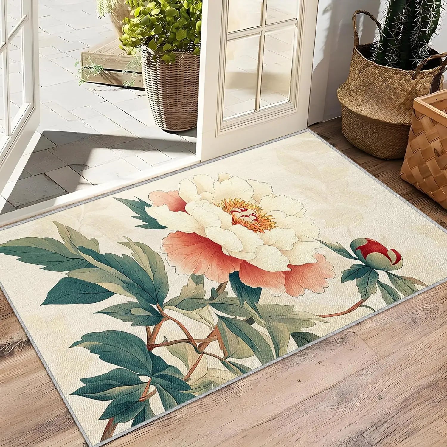 Navak Carpet Peony Flower Rugs Washable Chinoiserie Floral Botanical Area Rug - Flower Oriental Rugs -Japanese Asian Style Carpet