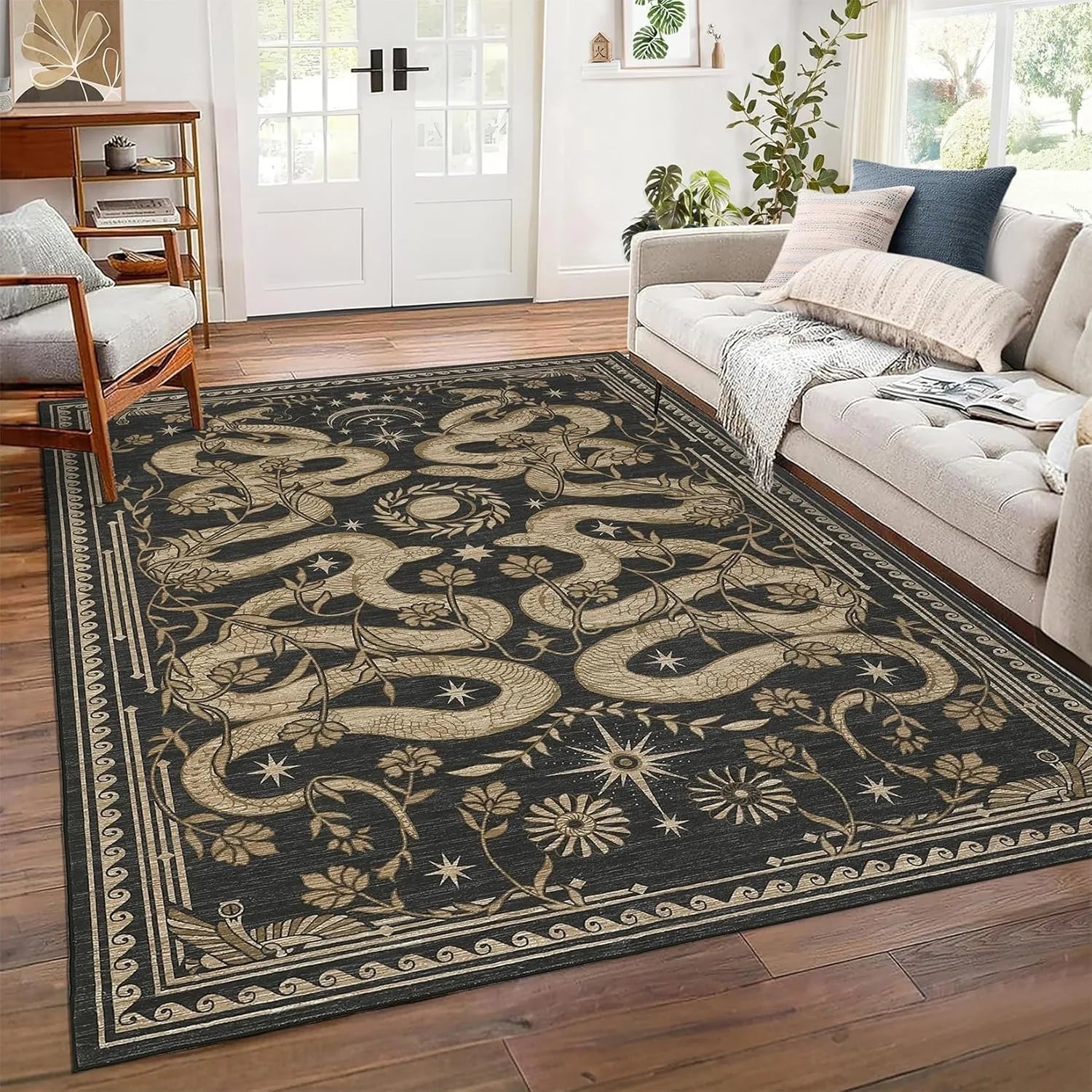 Navak Carpet Green Living Room Carpet Snake Carpets Machine Washable Non-slip Rug Retro Home Decoration Rugs for Bedroom Bedside Floor Mat