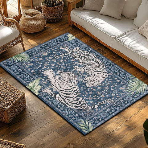 Navak Carpet Blue Tiger Pattern Bohemian Rug, Jungle Theme Non-Slip Carpet, Plush Living Room Mat for Nature Inspired Decor
