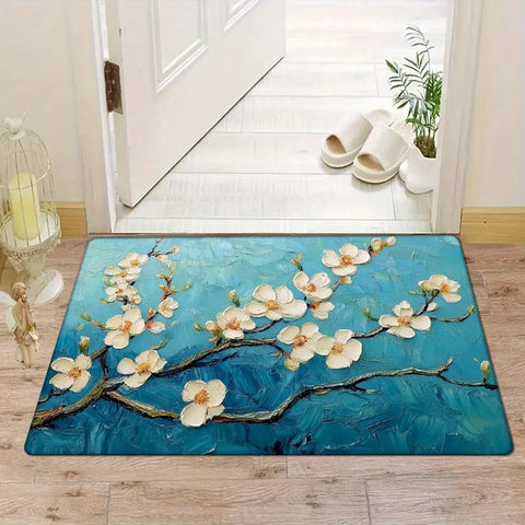 Navak Carpet 1 piece blue floral branch doormat, polyester fabric, machine washable, suitable for living room bedroom kitchen home decoration