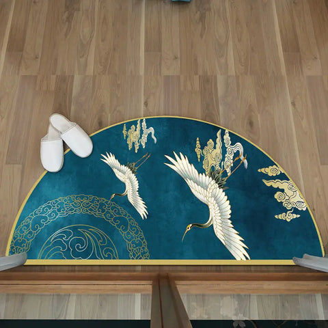Navak Carpet Chinese Semi-circular Floor Mats Japanese Style Crane Printed Door Entrance Non-slip Floor Mats Balcony Carpet Hallway Porch Rug