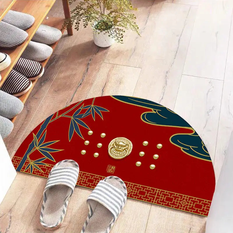 Navak Carpet Chinese Semi-circular Floor Mats Japanese Style Crane Printed Door Entrance Non-slip Floor Mats Balcony Carpet Hallway Porch Rug