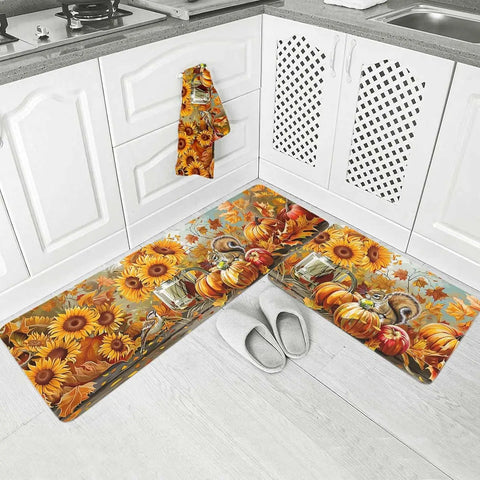 Navak Carpet Fall Squirrel Sunflower Pumpkin Kitchen Floor Mat Home Decor Non-Slip Corridor Balcony Laundry Rug Bedroom Beside Foot Mat Decor