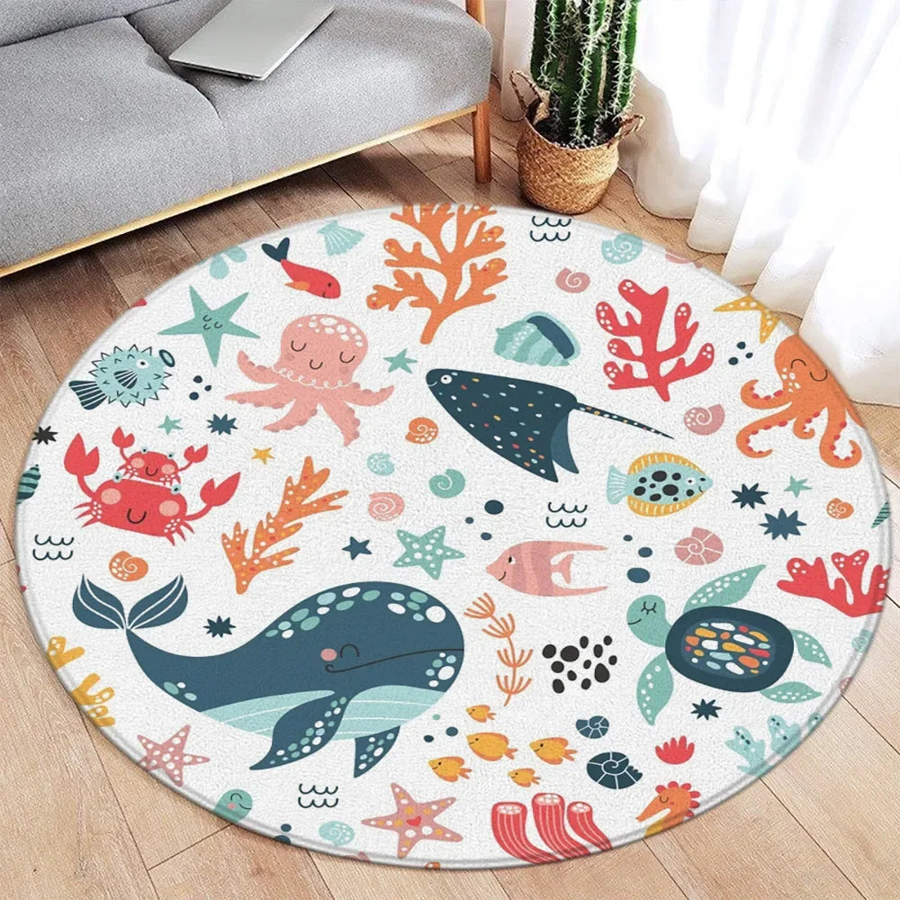 Navak Carpet Cartoon Round Carpet Ocean Fish Dolphin Starfish Cute Deer Lion Elephant Tiger Kids Bedroom Mat Home Living Room Decor Floor Rug