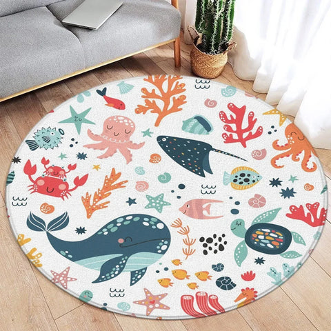 Navak Carpet Cartoon Round Carpet Ocean Fish Dolphin Starfish Cute Deer Lion Elephant Tiger Kids Bedroom Mat Home Living Room Decor Floor Rug