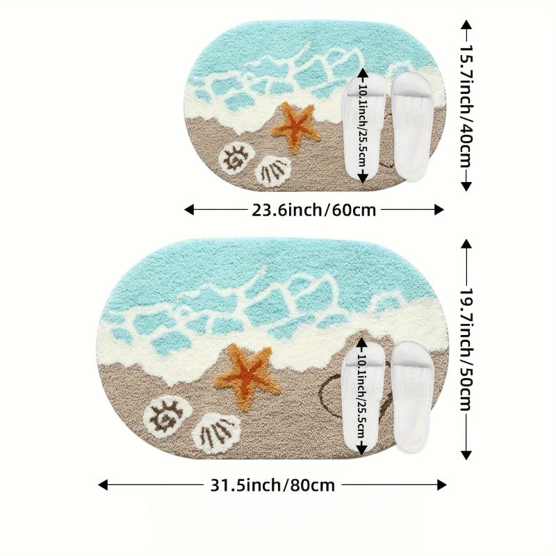 Navak Carpet 1pc Plush Faux Cashmere Bathroom - Ocean-Themed Oval Floor Mat with Beach Starfish & Heart Design,Rugs for Bathroom,Theme Decor
