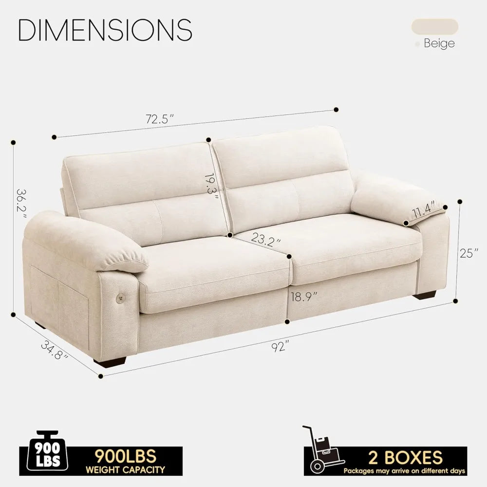 Navak Carpet 92" Modern Sofa for Living Room, Deep Seat Chenille Couch with Fast Charging Port & Removable Washable Cushions,Pillow-Armrest