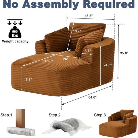 Navak Carpet "65" Corduroy Boneless Sofa - Luxurious Oversized Chaise Lounge with Deep Seat, Reading/Sleeper Chair for Living Room"