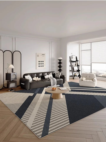 Navak Carpet Dark Blue Cream Striped Carpet Modern Geometric Decorative Rugs Easy Clean Art Lines Living Room Carpets Comfortable Bedroom Rug