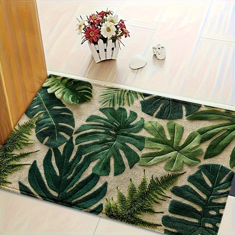 Navak Carpet 1 Tropical Green Plant Pattern Rectangular Bath Mat- Machine Washable Polyester Non-Slip Backing Soft Plush Texture for Bathroom