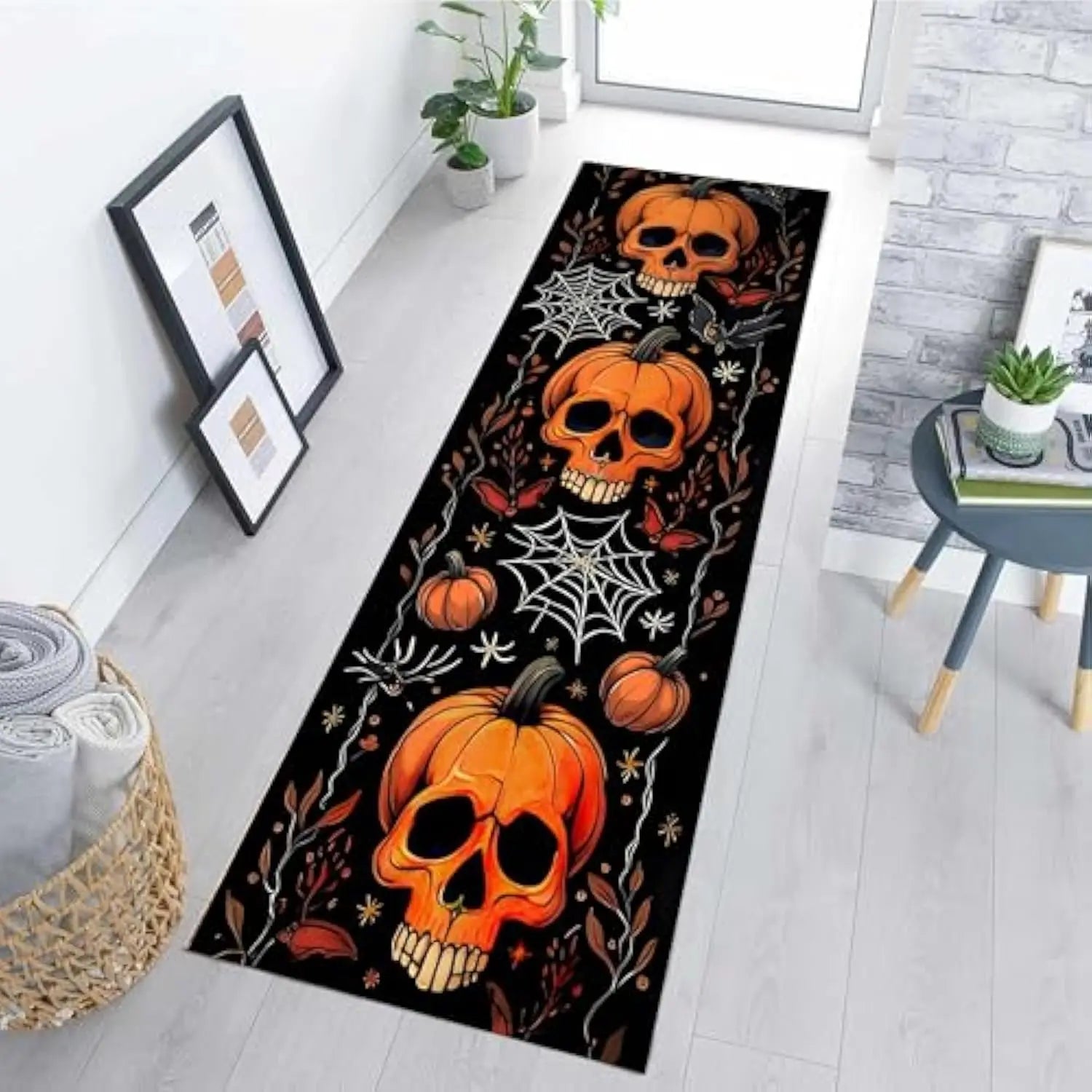 Navak Carpet Exclusive Picks Halloween Runner Rug Abstract Pumpkin Skull Carpet Kitchen Anti-Slip Spider Web Printed Rugs for Living Room Home Decor