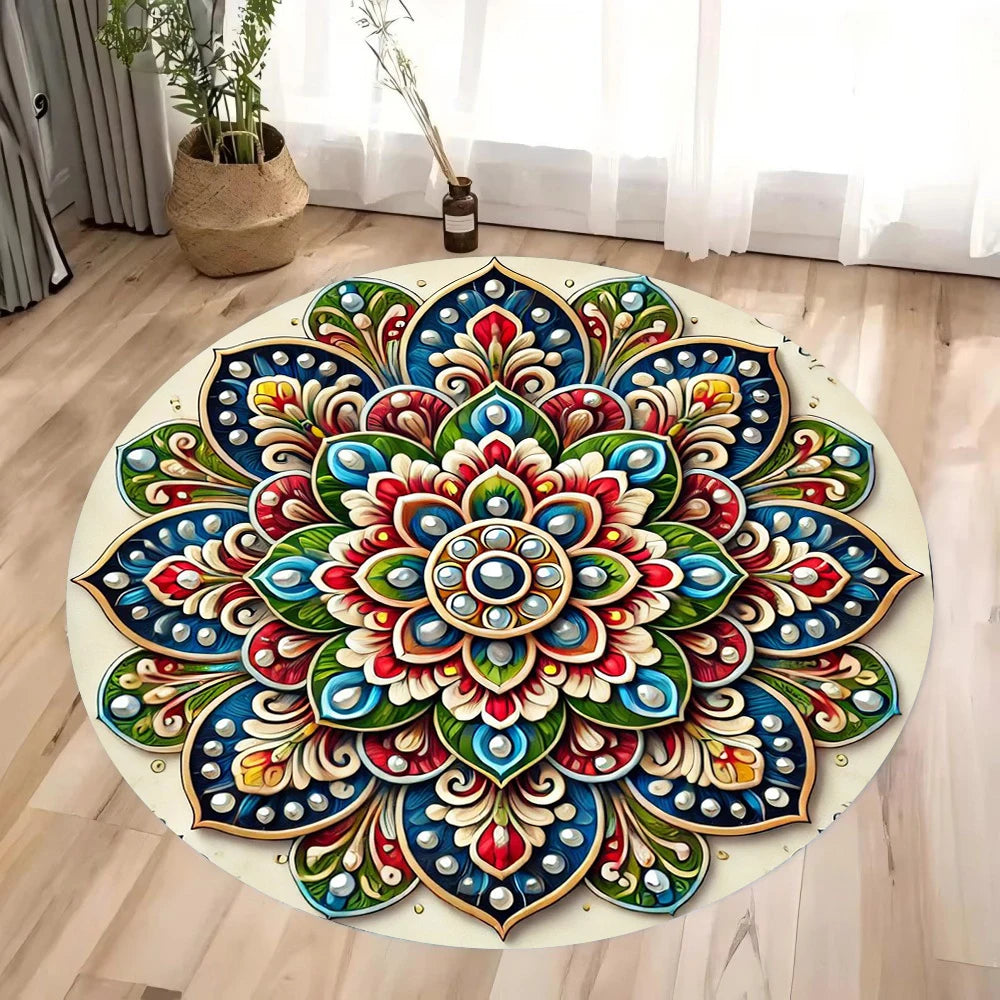 Navak Carpet Colorful 3D Mandala Mystery Chakra Print Round Rug Meditation and Yoga Non-Slip Machine Washablefor Bedroom and Living Room