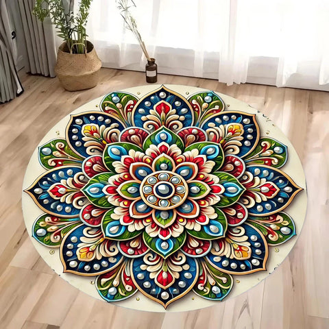 Navak Carpet Colorful 3D Mandala Mystery Chakra Print Round Rug Meditation and Yoga Non-Slip Machine Washablefor Bedroom and Living Room