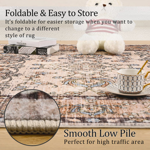Navak Carpet Area Rugs for Living Room, Machine Washable Vintage Rug, Non-Slip Low Pile Throw Rugs with Rubber Backing Washable Carpet