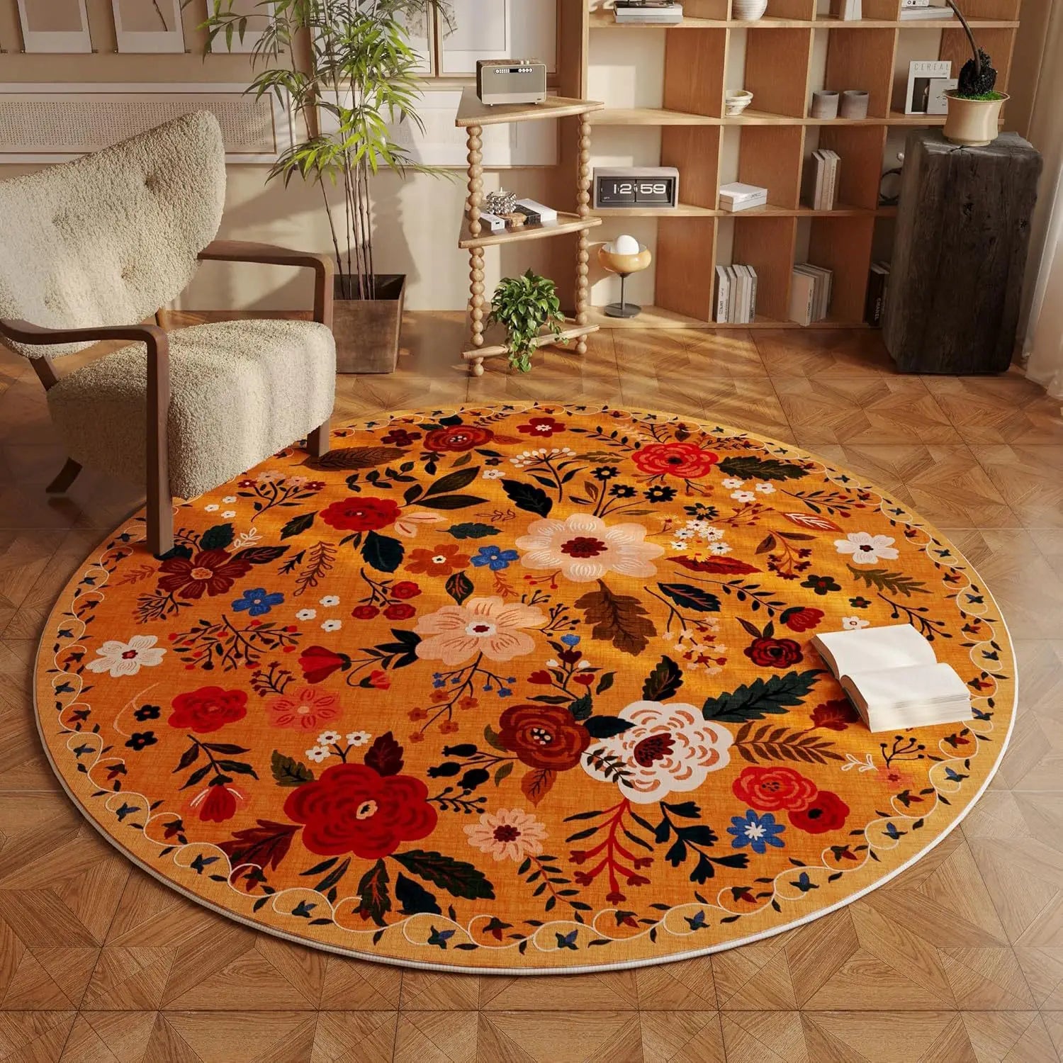 Navak Carpet Flower Pattern Rugs for Bedroom Home Fluffy Soft Rug Retro Round Living Room Decoration Carpet Thick Anti-slip Bedside Floor Mat