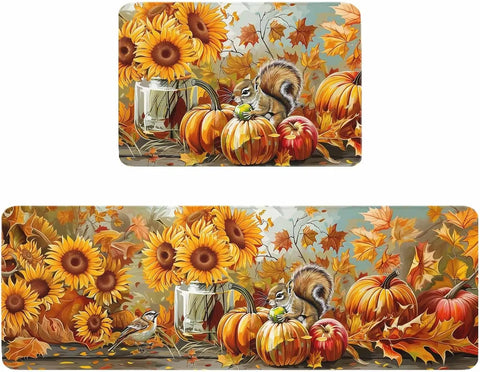 Navak Carpet Fall Squirrel Sunflower Pumpkin Kitchen Floor Mat Home Decor Non-Slip Corridor Balcony Laundry Rug Bedroom Beside Foot Mat Decor
