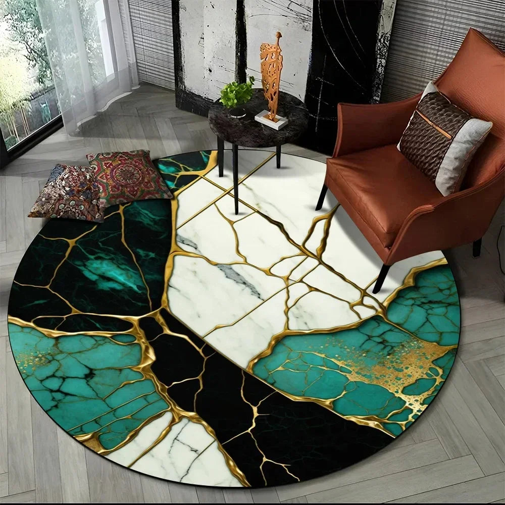 Navak Carpet Crystal Velvet 3D Luxury Marble Round Rug, Abstract Geometric Print Non-Slip Floor Mat for Living Room, Bedroom, Chair Decor