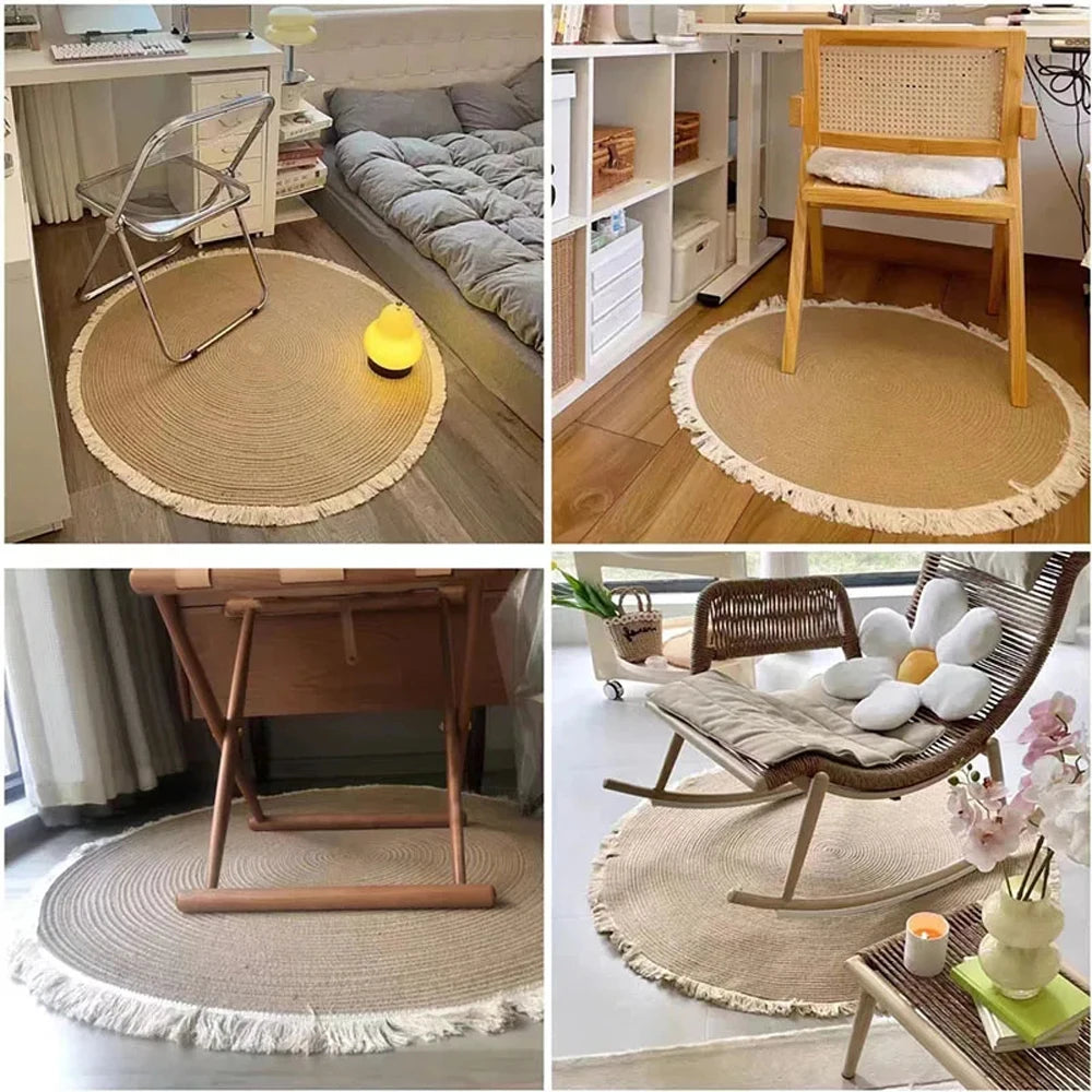 Navak Carpet Nordic Cotton Rope Tassel Round Mat Hand-woven Living Room Bedroom Balcony Decorative Carpet Non-slip Coffee Table Mat