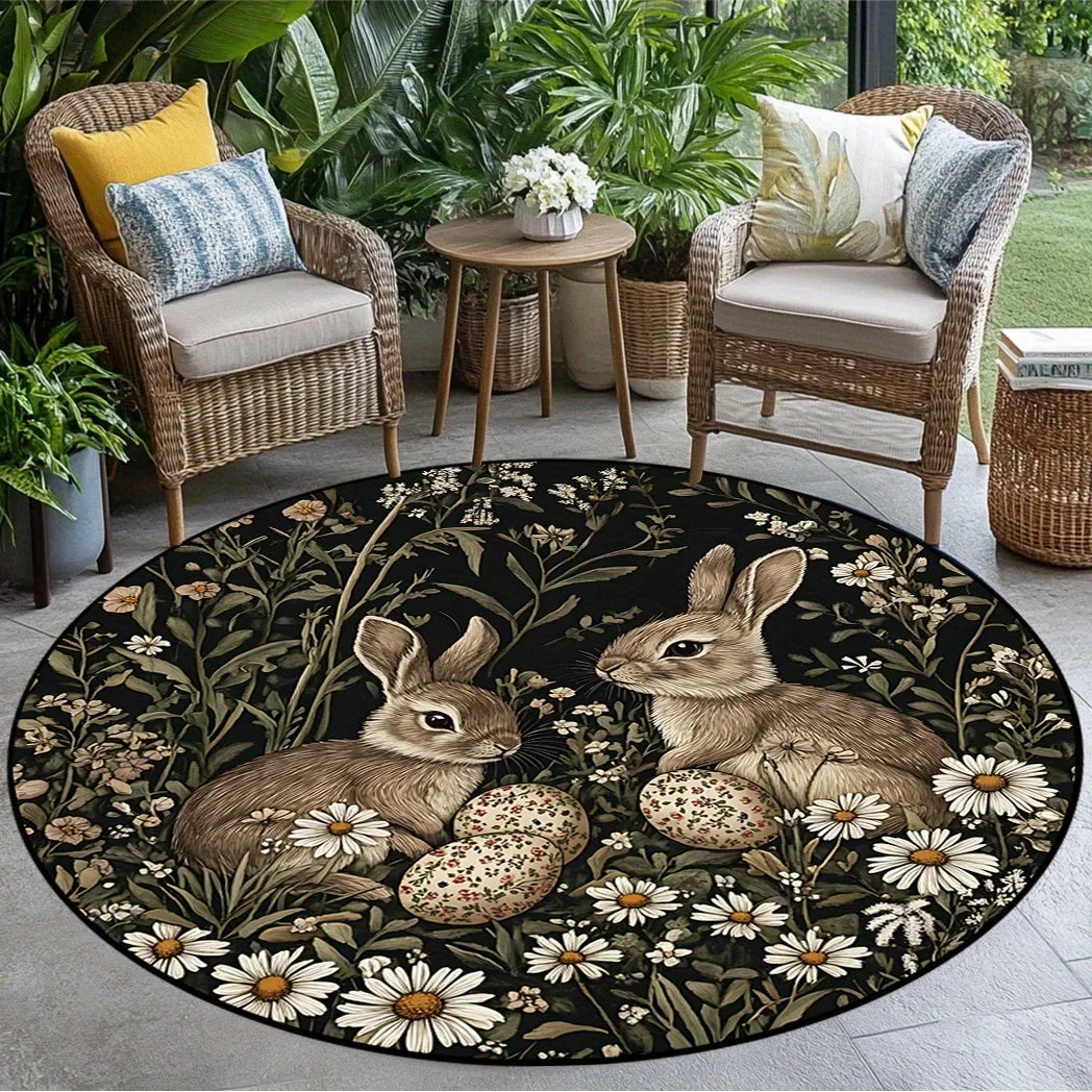 Navak Carpet Easter Retro Floral Rabbit Pattern Round Area Rug Bedroom Living Room Garden Decor Living Room Carpet Decorative Floor Mat