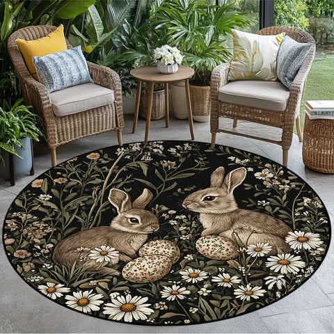 Navak Carpet Easter Retro Floral Rabbit Pattern Round Area Rug Bedroom Living Room Garden Decor Living Room Carpet Decorative Floor Mat