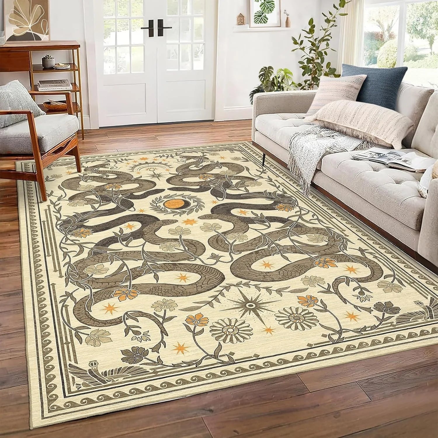 Navak Carpet Green Living Room Carpet Snake Carpets Machine Washable Non-slip Rug Retro Home Decoration Rugs for Bedroom Bedside Floor Mat