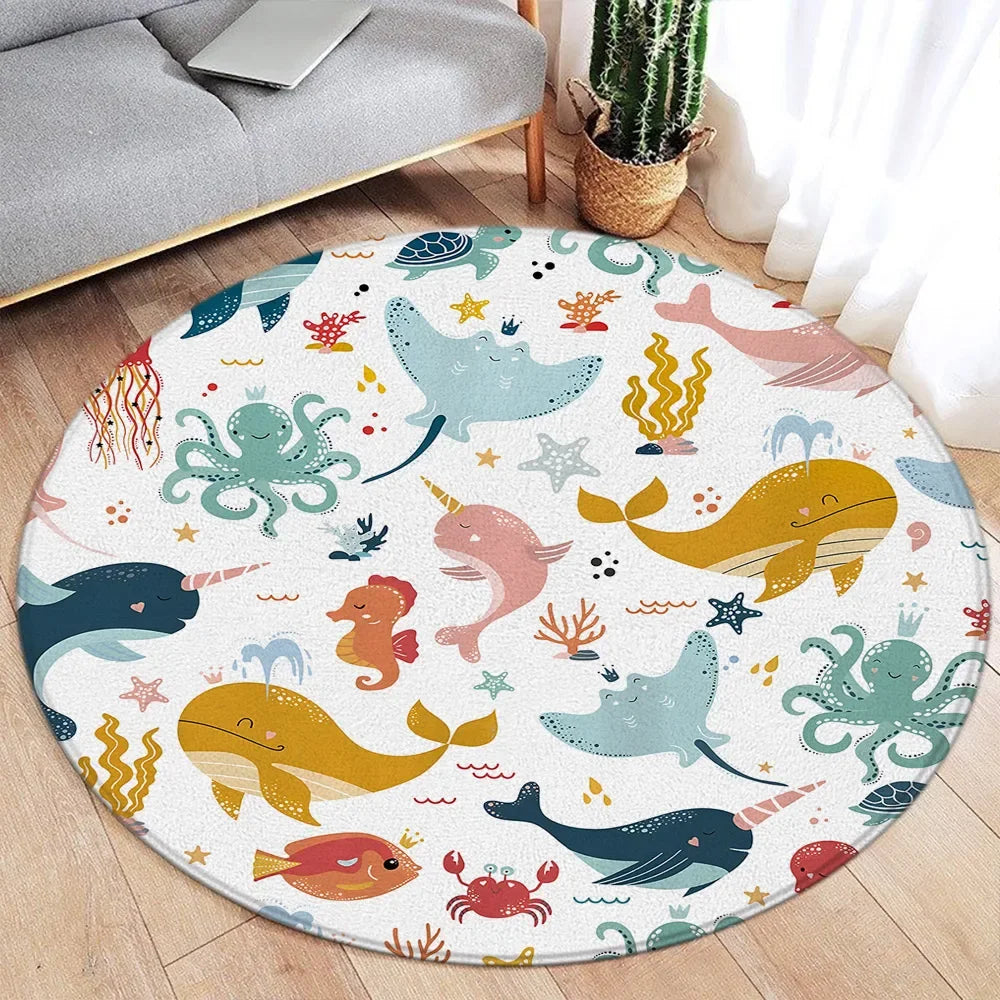 Navak Carpet Cartoon Round Carpet Ocean Fish Dolphin Starfish Cute Deer Lion Elephant Tiger Kids Bedroom Mat Home Living Room Decor Floor Rug