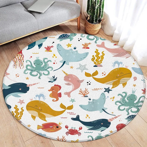 Navak Carpet Cartoon Round Carpet Ocean Fish Dolphin Starfish Cute Deer Lion Elephant Tiger Kids Bedroom Mat Home Living Room Decor Floor Rug