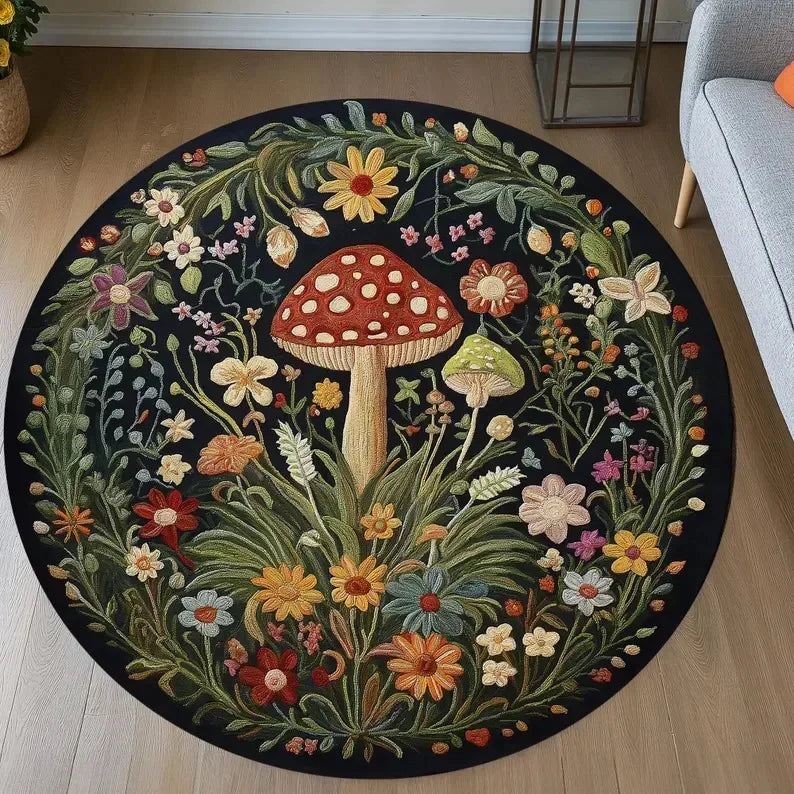 Navak Carpet Mushroom Pattern Circle Carpet Utility Round Rug for Living Room Bedroom Deco Kitchen Under Table Floor Mat Non Slip Vintage Rug