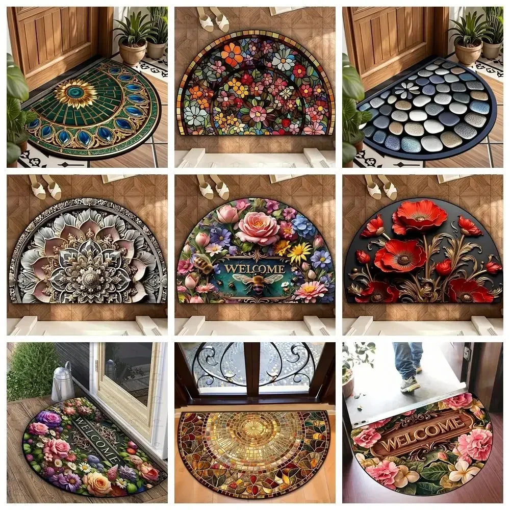 Navak Carpet Non Slip Half Round Doormat Flower Floral Absorbent Welcome Rugs Washable Door Mat Entrance Mat Indoor Outdoor