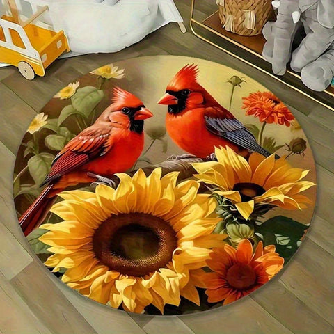 Navak Carpet [2D flat, not 3D]Comes with 2 anti slip mats.2D flat, not Comes with 2 anti slip matsGorgeous Red Bird and Sunflower Round Mat-