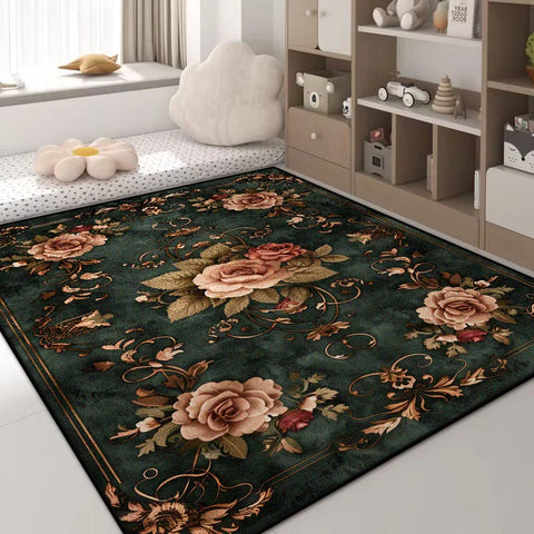 Navak Carpet Luxury Green Flower Area Rug – Non-Slip Large Living Room Carpet, Golden Border Washable Soft Mat for Bedroom Home Decor