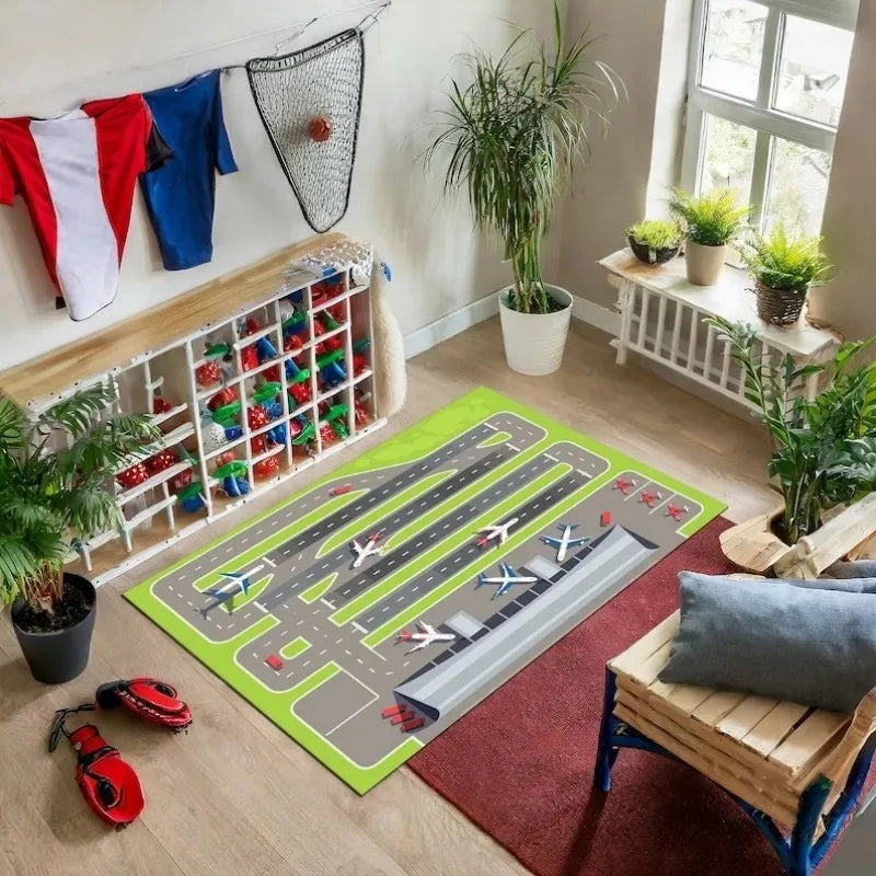 Navak Carpet Kids Play Area Rugs Airport Landing Strips Top View Aircraft and Airplane Arrival Carpet Kids' Bedroom Playroom Nursery 3D Decor