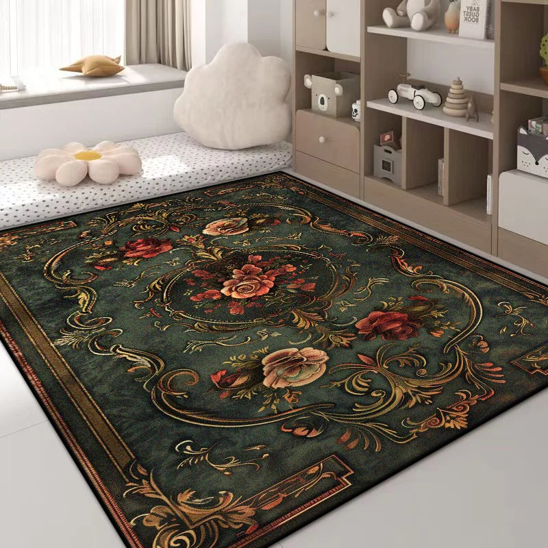 Navak Carpet Luxury Green Flower Area Rug – Non-Slip Large Living Room Carpet, Golden Border Washable Soft Mat for Bedroom Home Decor