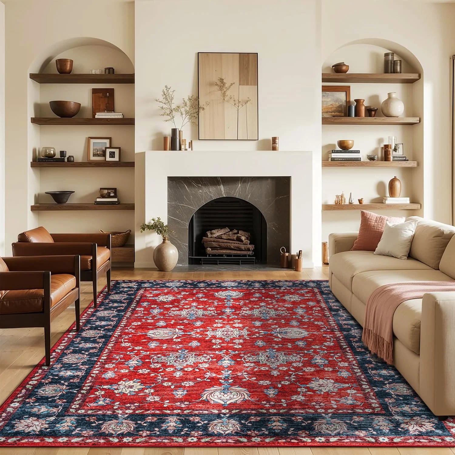 Navak Carpet Area Rugs for Living Room, Machine Washable Vintage Rug, Non-Slip Low Pile Throw Rugs with Rubber Backing Washable Carpet
