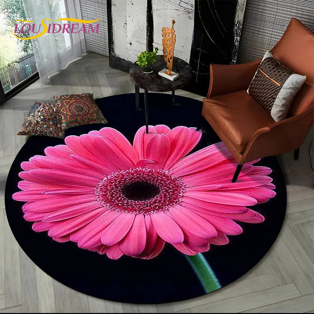 Navak Carpet 3D Daisy Nordic Flower Sunflower Round Area Rug,Carpet for Living Room Children's Bedroom Sofa Playroom Decor,Non-slip Floor Mat