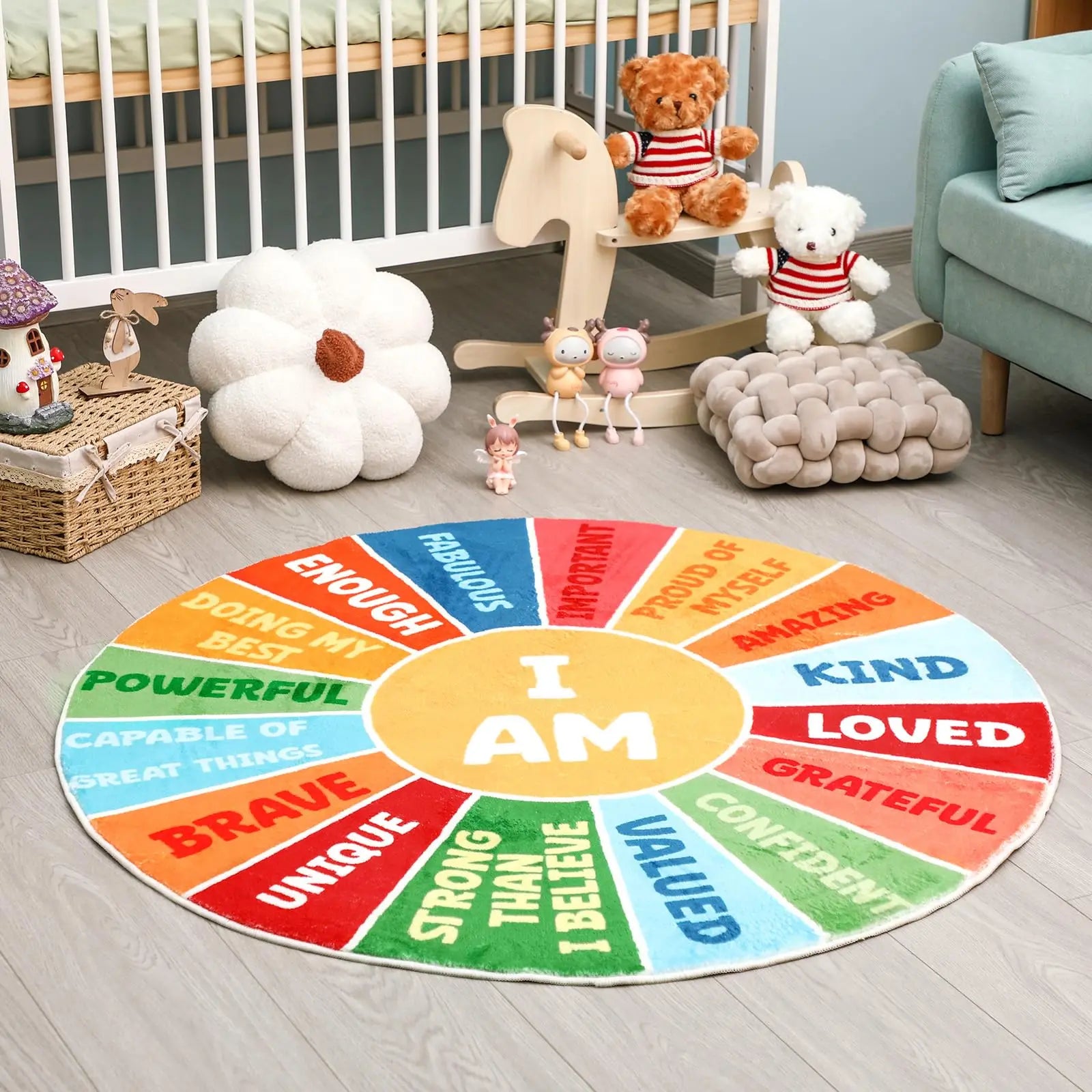 Navak Carpet Exclusive Picks Calming Corner Boho Nursery Round Back to School Area Rug Positive Words Washable Educational Carpet Kids Classroom Decor