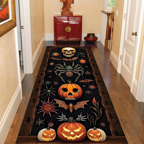 Navak Carpet Exclusive Picks Halloween Runner Rug Abstract Pumpkin Skull Carpet Kitchen Anti-Slip Spider Web Printed Rugs for Living Room Home Decor
