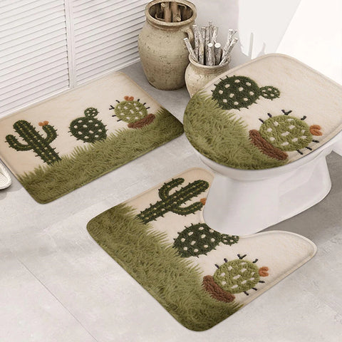 Navak Carpet 3pcs Cactus Printed Bathroom Mat 7MM Soft Floor Mat, Living Room Carpet, Balcony Non Slip Mat Machine Washable