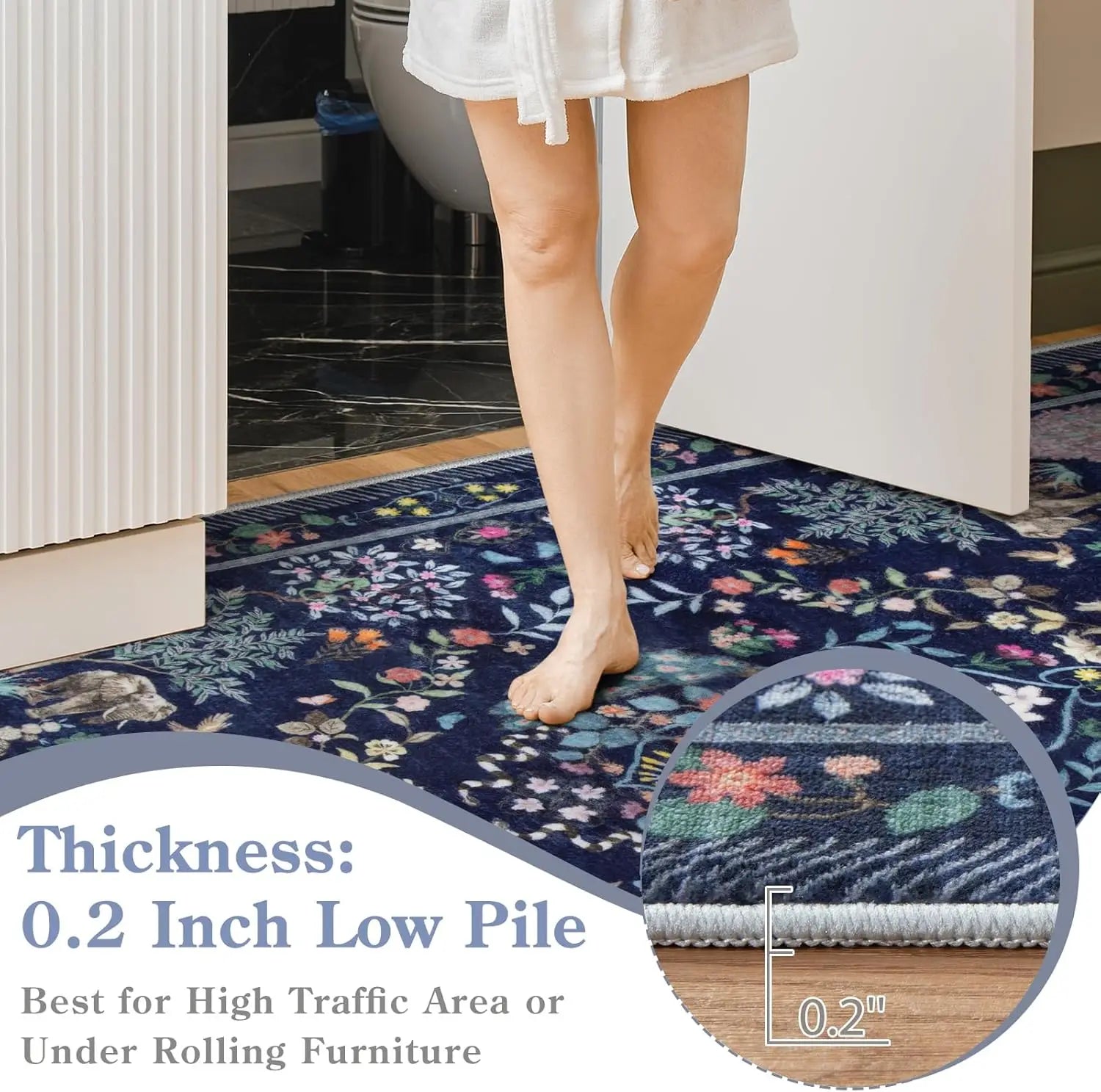 Navak Carpet Boho Floral Soft Blue Dining Room Rug, Non Slip Ultra Thin Stain Resistant Large Floor Carpet for Bedroom Home Office