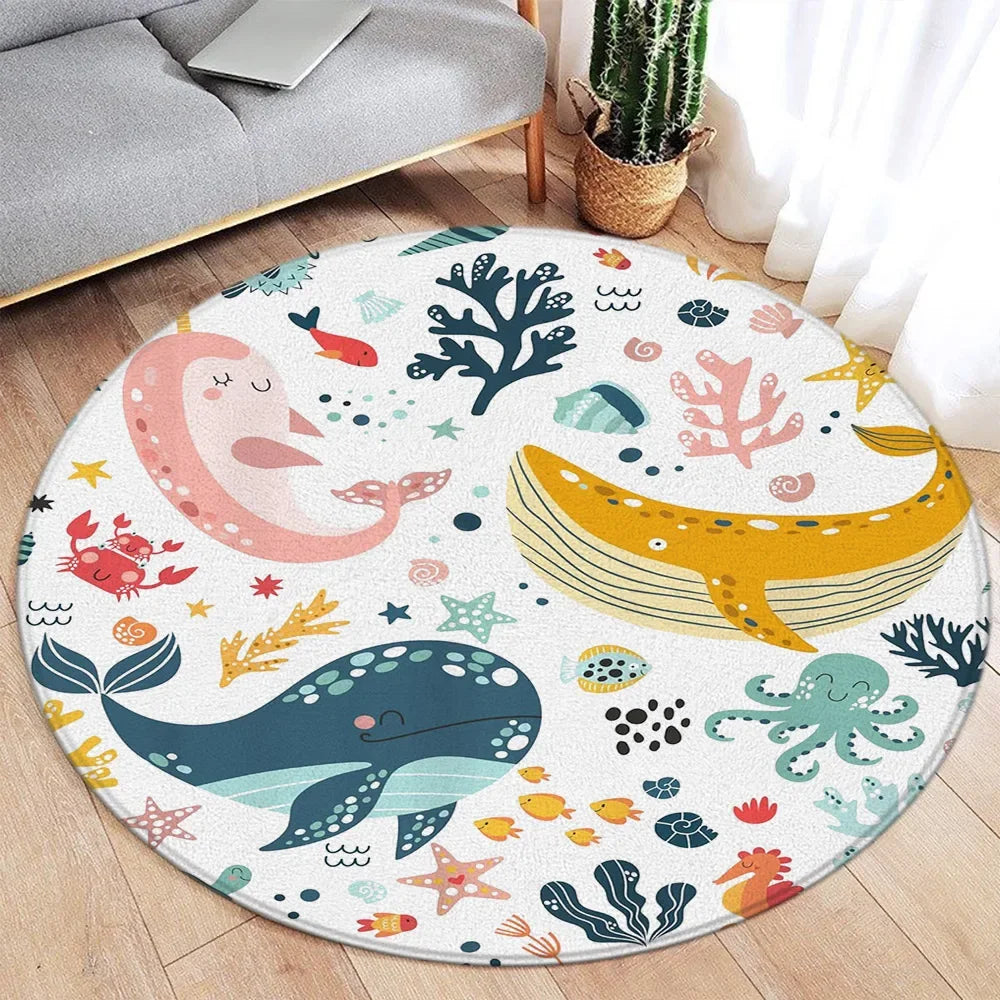 Navak Carpet Cartoon Round Carpet Ocean Fish Dolphin Starfish Cute Deer Lion Elephant Tiger Kids Bedroom Mat Home Living Room Decor Floor Rug